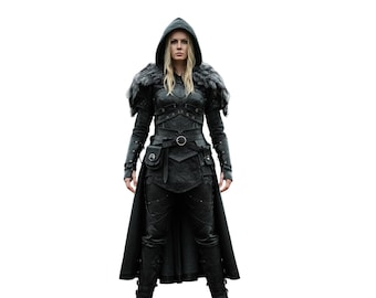 Handmade Viking Huntress Leather Armor: Hooded Fur Cloak, Dark Fantasy Costume