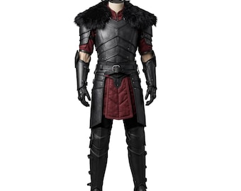 Armatura vichinga in pelle nera fatta a mano: mantello di pelliccia, costume per LARP