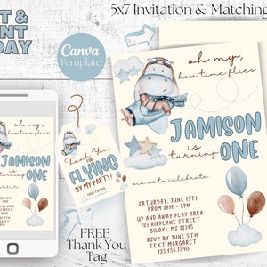 Airplane Party Invitation | First Birthday | Editable Canva Template | Instant Download Digital File | Printable | FREE Thank You Tags | DIY