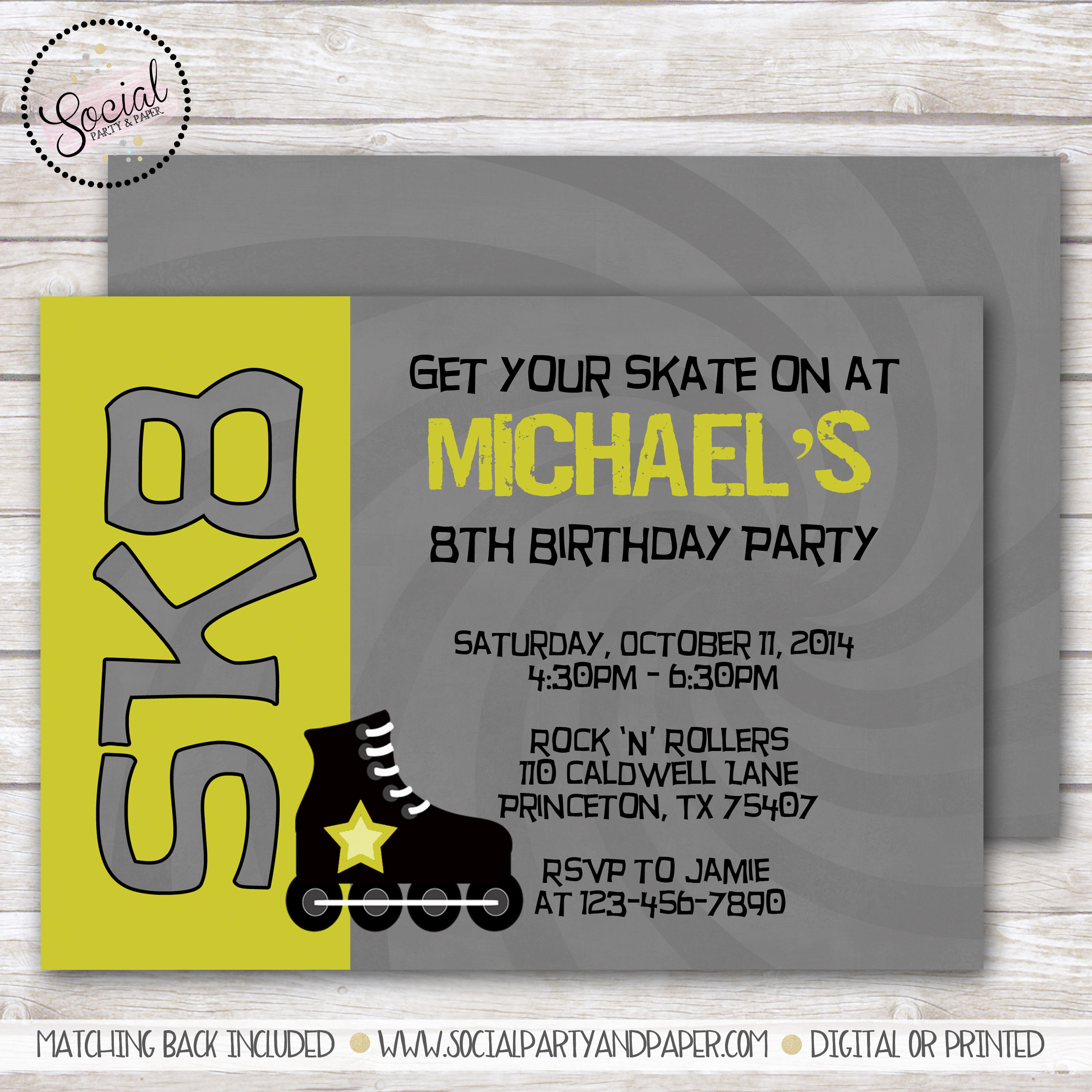 Rollerblade Skating Birthday Party Invitation DIGITAL OR