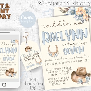 Blue Flowers Horse Birthday Party Invitation | Editable Canva Template | Instant Download Digital File | Printable | FREE Thank You Tags