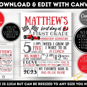 First Day of School Sign | Editable Canva Template | Instant Download Digital File | Printable | Last Day of School Sign | Race Car | Car