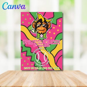 May include: A vibrant invitation with a monkey wearing sunglasses, a bow tie, and a pipe. The invitation has the text "GATHER AROUND PARTY ANIMALS IT'S TIME TO CELEBRATE MASON'S 10TH BIRTHDAY!" with the date, time, and RSVP information.