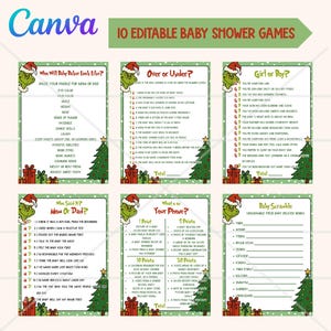 Könnte beinhalten: Ein Set von zehn druckbaren Babyparty-Spielen mit Weihnachtsmotto. Jede Spielkarte zeigt einen grünen Grinch-Charakter und einen Weihnachtsbaum. Zu den Spielen gehören "Who Will Baby Baker Look Like?" und "Over or Under?"