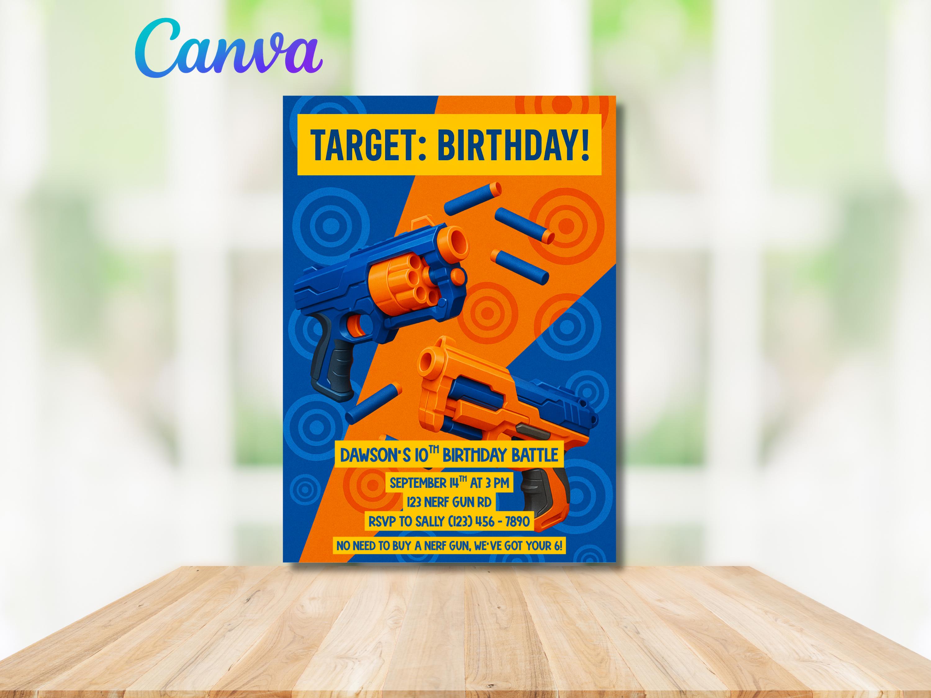 Invitation d'anniversaire Nerf Gun Battle, cible : Invitation thème d'anniversaire, fête d'anniversaire numérique Nerf Gun, Invitation d'anniversaire