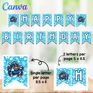 May include: A blue and white "Happy Birthday" banner with a baseball-themed design. The banner includes individual pennants with the words "HAPPY BIRTHDAY" and a baseball character. The image also shows instructions for printing the banner.