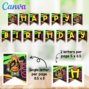 以下が含まれることがあります： 「HAPPY BIRTHDAY」の文字が黄色で書かれた、黒いペナントのカラフルな誕生日バナー。各ペナントには、ネオンの緑とピンクのデザインと漫画の猿が描かれています。印刷手順が含まれています。