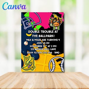 May include: A baseball-themed birthday party invitation with the text "DOUBLE TROUBLE AT THE BALLPARK!" and details for Max & Miles' 9th birthday. Features a cartoon monkey, baseball, and banana graphics. The invitation is on a wooden table.