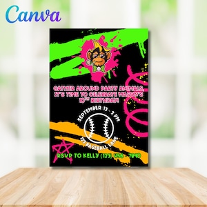 May include: Black birthday invitation with a cartoon monkey wearing a bow tie. The invitation includes the text "Gather around party animals, it's time to celebrate Mason's 10th birthday!" with date, time, and address details.