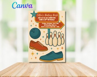 Bowling Bash Birthday Party Invitation, Retro Bowling Digital Invitation, Any Age Bowling Party Invite