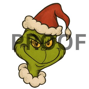 Puede incluir: Un personaje de dibujos animados verde con una sonrisa traviesa, que lleva un gorro de Papá Noel rojo con ribete blanco y un cuello blanco esponjoso. La palabra "PROOF" está impresa en gris sobre la imagen.