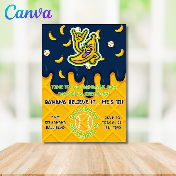 Savannah Bananas Baseball Drip Ice Cream Birthday Invitation, Savannah Bananas Birthday Invitation, Baseball Ice Cream Drip Digital Invite