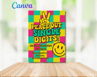 Peace Out Single Digits 10th Birthday Invitation, 10th Birthday Digital Invitation, Bright Retro Peace Out Single Digit Canva Invitation