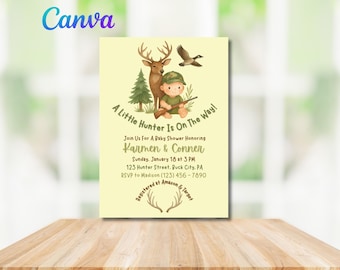 A Little Hunter Is On The Way Baby Shower Invitation, Hunting Themed Baby Shower Invitation, Editable Outdoorsy Baby Shower Invite, Hunting