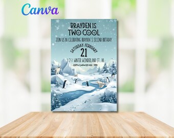 Two Cool, Winter Wonderland Second Birthday Invitation, Penguin & Polar Bear Arctic 2nd Birthday, Cold Weather Birthday Digital Invitation