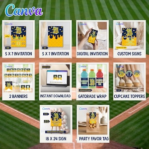 May include: A collection of Canva-designed party supplies, including invitations, banners, Gatorade wraps, cupcake toppers, and party favor tags. The designs feature a yellow and navy blue color scheme with a baseball theme. The image is set against a baseball field.