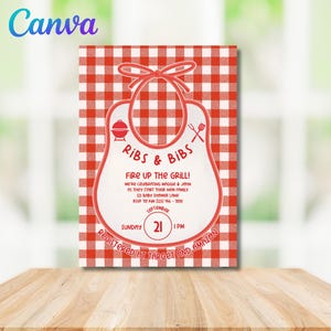May include: A red and white checkered baby shower invitation with the text "Ribs & Bibs" and "Fire Up The Grill!". The invitation includes the date, time, and registry information. The design features a bib graphic.