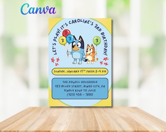 Bluey And Bingo Birthday Inviation, Third Birthday Invitation, Girl or Boy Digital Invite, Cartoon Birthday Invitation, Canva Template