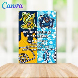 May include: Baseball-themed birthday invitation with a cartoon banana and baseball player. The invitation features the text "DOUBLE TROUBLE AT THE BALLPARK!" and event details, including the date, time, and location. The Canva logo is in the upper left corner.