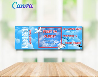 First In Flight, First Birthday Airplane Invitation, Airline Ticket Birthday Invitation, Cloud 9 Airplane First Birthday, 7x2.5 Template