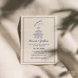 Puede incluir: Una invitaci&oacute;n de boda color crema con texto azul y un borde festoneado. La invitaci&oacute;n incluye los nombres "Amira & Joshua", la fecha "07.30.2030" y la frase "Let's celebrate together!"
