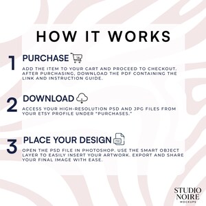 Puede incluir: Un gr&aacute;fico blanco con el texto "HOW IT WORKS" y pasos numerados. Los pasos detallan la compra, la descarga y la colocaci&oacute;n de un dise&ntilde;o. El logotipo de Studio Noire Mockups es visible en la esquina inferior derecha.