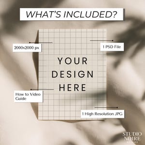 Puede incluir: Una imagen de maqueta con el texto "WHAT'S INCLUDED?" y "YOUR DESIGN HERE". La imagen incluye detalles como un archivo de 2000x2000 px, un archivo PSD, un JPG de alta resoluci&oacute;n y una gu&iacute;a en v&iacute;deo. El logotipo de Studio Noire Mockups est&aacute; en la parte inferior.