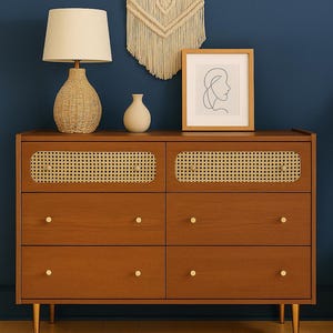 Rattan Wood Console Cabinet | Modern Sideboard Storage Dresser | Boho Entryway Organizer for Living Room