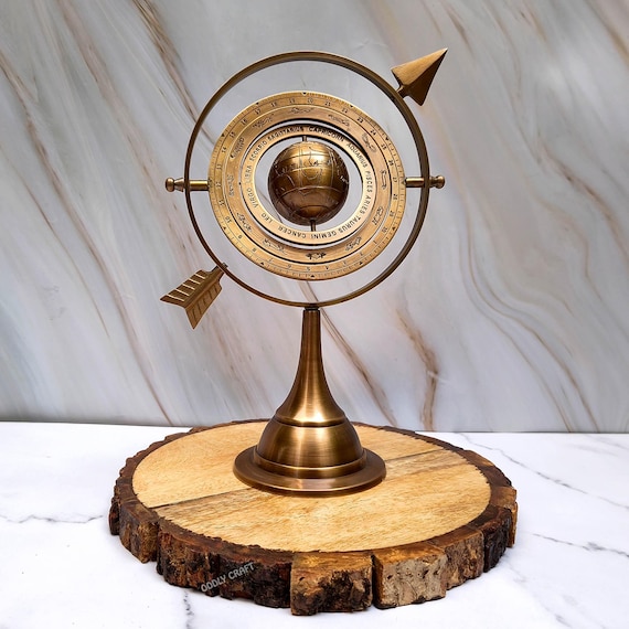 Antique Brass Armillary Sphere, Vintage Zodiac Arrow Globe on Wooden Tray Home Decor Gift - Israel