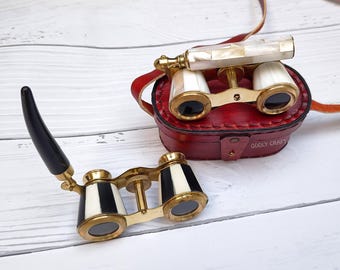 Vintage Brass Binoculars Mother of Pearl Opera Glasses with Personalized Leather Case, Spyglass Gift