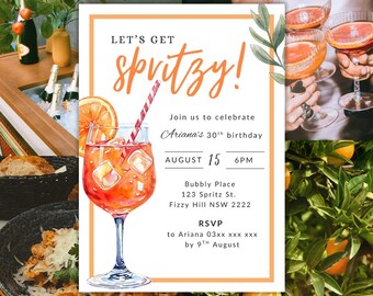 Editable Lets Get Spritzy Invitation, Aperol Spritz Birthday Invite Cocktail Party, Water Colour Orange Citrus Italian Spritz Bridal Shower