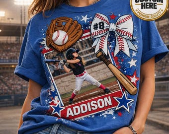 Custom Baseball Photo Shirt, Retro Vintage 90s Softball Tee, Personalized Name and Number Sports Shirt, Blue Bow Sports Tee, Gameday Gift