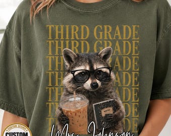 Custom Teacher Shirt, Personalized Raccoon Coffee Shirt, Back to School Tee, Custom Grade Level Teacher Shirt, Vintage 90s Teacher Apparel