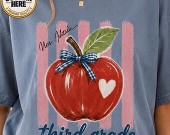 Custom Grade Teacher Shirt, Custom Name Cute Teacher Apple Tee, Back to School Gift for Elementary Teacher Comfort Colors Shirt