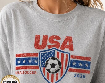 Camiseta vintage personalizada de fútbol de EE. UU. del mundo 26, camiseta retro de fútbol Comfort Colors, camiseta para aficionados al fútbol de EE. UU., camiseta deportiva patriótica con estampado gráfico
