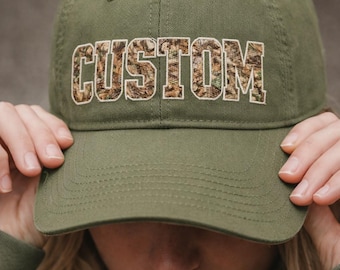 Custom RealTree Camo Text Hat, Personalized Hunting Style Varsity Hat, Comfort Colors Pepper Hat, Vintage Outdoorsy Custom Name Cap