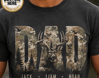Custom Camo Hunting Dad Shirt | Personalized Dad Shirt with Kids Names | Retro Outdoors Tee | Father's Day Gift Idea