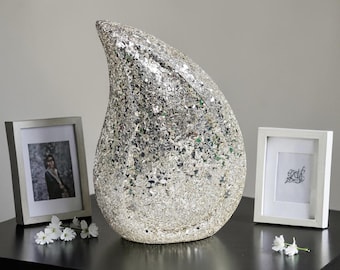 Urna funeraria en forma de lágrima con mosaico de plata - Urnas conmemorativas, para adultos, 25,4 cm (10 pulgadas)