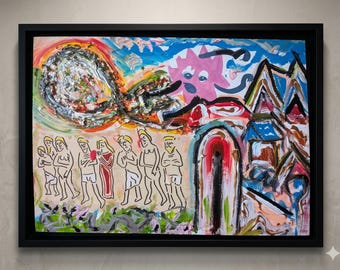 The penitents are driven out of the city, 2026, acrylic, ink, felt-tip pen, stardust, lightweight textured filler on balsa wood, 50 x 70 cm