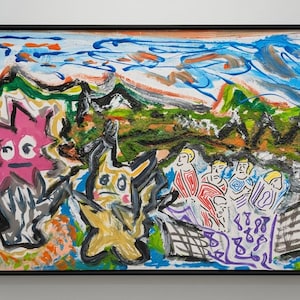 La pesca milagrosa, 2026, acrílico, tinta, rotulador y arena de cuarzo sobre madera de balsa, 70 x 50 cm, Christoph Mark, pieza única, arte sacro, mashup