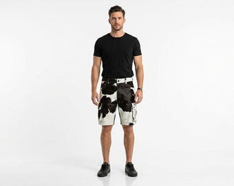 Pantalones cortos cargo de piel de vaca con pelo para hombre / Cuero occidental blanco y negro