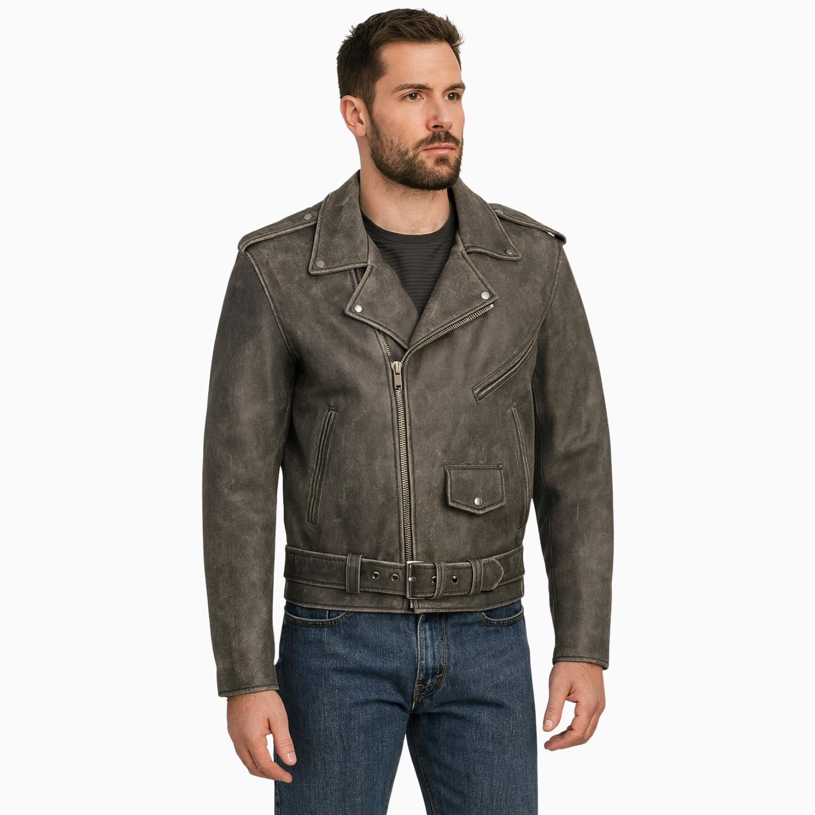 Men's Distressed Gray Leather Motorcycle Jacket | Vintage Biker