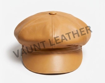 Tan Leather Newsboy Cap – Handmade Vintage Baker Boy Hat for Men Women