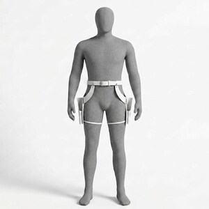 May include: A white leather-style harness worn on a grey mannequin. The accessory features a waist belt connected to two vertical holsters positioned at the thighs, with additional horizontal straps securing each holster around the upper leg area.