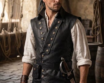 pirate leather vest poster, Renaissance Pirate Costume Waistcoat, Medieval LARP Vest, Buccaneer Cosplay Outfit,