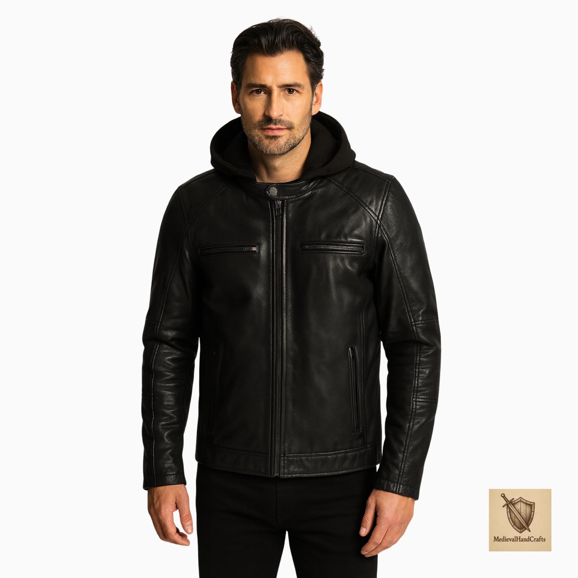 メンズ ブラック レザージャケット フード付き 本革 バイカー モト