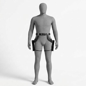 May include: A black leather dual holster rig worn on a grey mannequin. The set includes a waist belt with a silver-toned metal buckle, two side holsters hanging from adjustable straps, and two thin leg straps that secure each holster to the thighs.