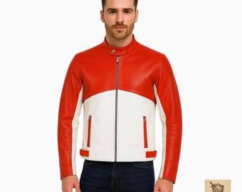 Red & White Leather Biker Jacket | Retro Motorcycle Racing Jacket | Handmade Cosplay Punk Rock Festival Coat | Gothic Steampunk Fashion
