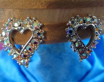 Vintage Rhinestone Heart Earrings, Clip On Earrings Rhinestone Earrings, Aurora Borealis Rhinestone Earrings