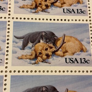 Puppy and Kitty Stamps, Vintage 1982 13 Cents, Commemorative, Sheet of 50, Unhinged, Not mint Postal End Missing